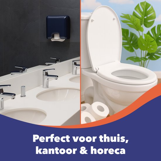 Collage van een modern toilet en een wastafel. 'Perfect voor thuis, kantoor & horeca'.