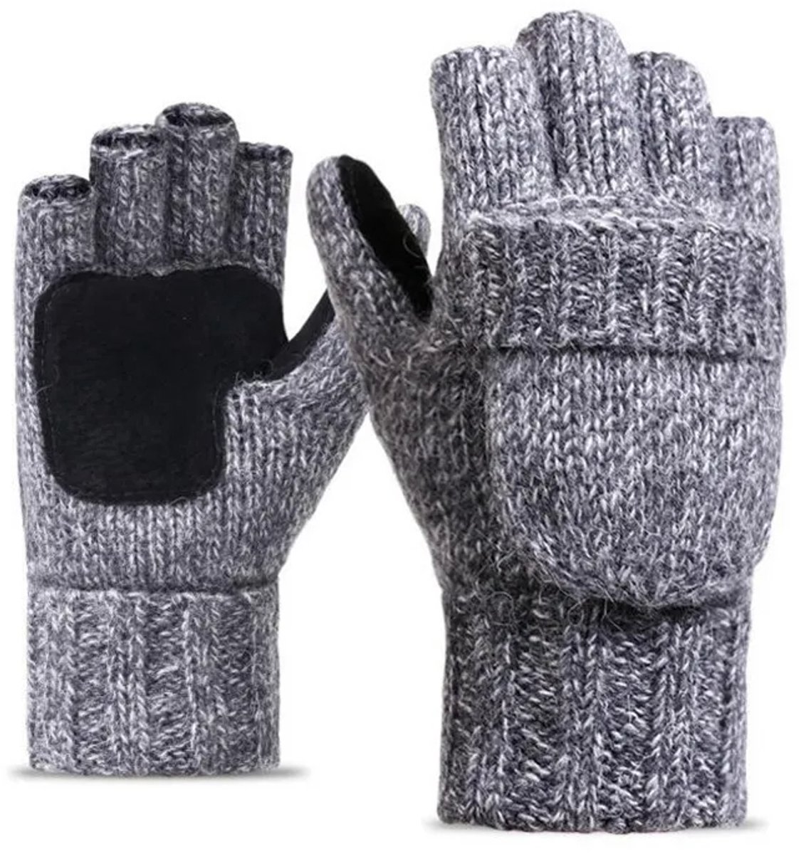 Unisex Gebreide Vingerloze Handschoenen met Omslag – Warme Winter Handschoenen Heren van Wol | Dikke Halve Vinger Flip Wanten, Touchscreen, Thermo Handschoenen voor Fietsen & Buiten