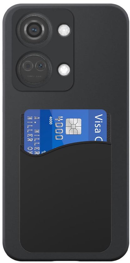 Zwart telefoonhoesje met een gleuf voor creditcard op de achterkant.