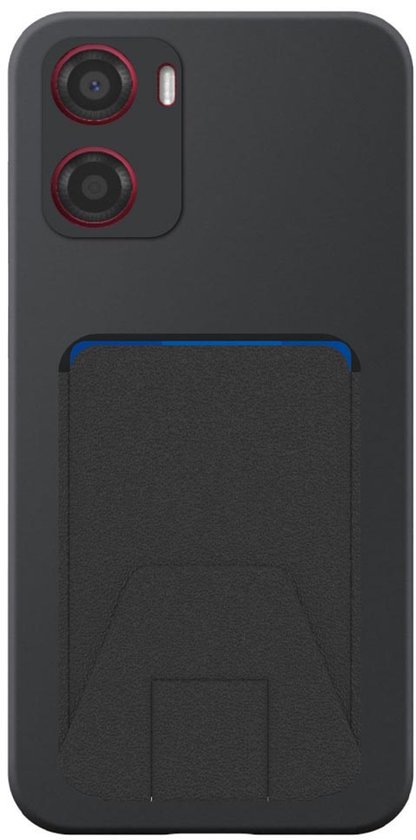 Zwart telefoonhoesje met verstelbare kaarthouder op de achterkant en dubbele camera's.