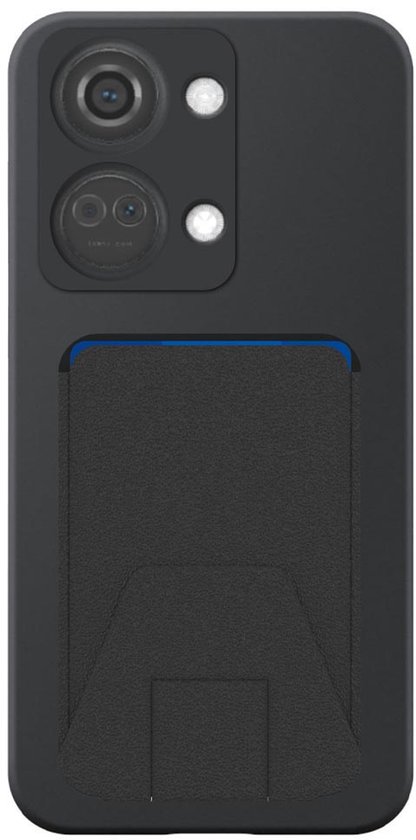 Zwarte telefoonhoes met dubbele camera-uitsparing en geïntegreerde pasjeshouder.