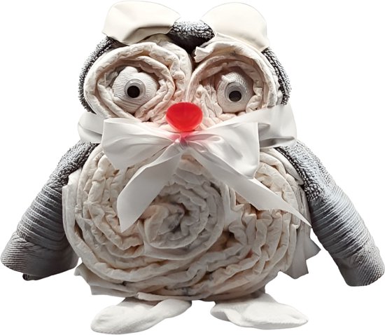 De Zoetebekjes® De Uiltjesknapper – Luiertaart Uil – Kraamcadeau Jongen of Meisje – 14 luiers – Grijs – Pampertaart — afbeelding 2
