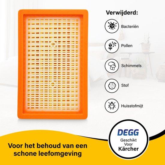 Geel plat filter met oranje rand en een roosterpatroon, ter behoud van een schone leefomgeving.