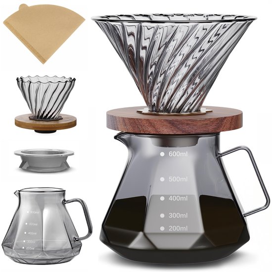 Borosilicaatglas Koffiepot met Deksel, Pour Over Koffiefilterhouder & 40 Koffiefilters - 600 ML - Slow Coffee Maker Kit - V60 Cafetière - Koffiekan - Dripper Koffiemaker - Handmatig Filterkoffie Koffiezetapparaat met Herbruikbaar Koffie Filter Houder