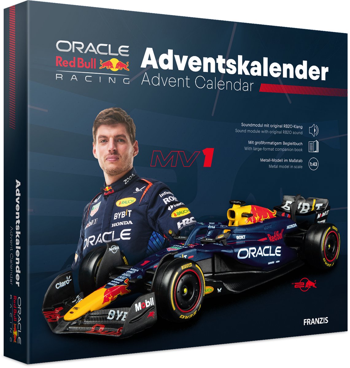 Franzis Adventskalender 2025 - 67245 Oracle Red Bull Racing RB20 - Formule 1 - Max verstappen No.1 - Metalen Modelbouwpakket Adventskalender - 1:43