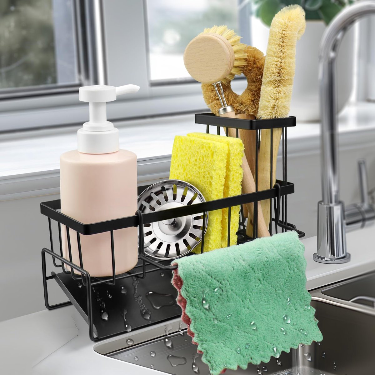 Ibenzoa® Zwarte roestvrijstalen spoelbak-organizer met handdoek- en borstelhouder