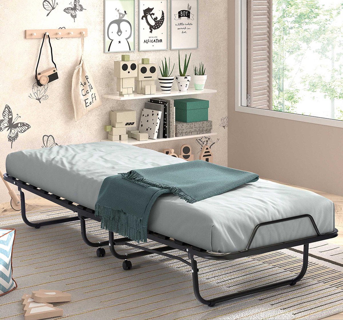 Plooibed Xenia - Zwart - Inclusief Matras 90x200 Cm - Rousseau - Logeerbed - Zwart - Schuim; Metaal Eenpersoons Opklapbed