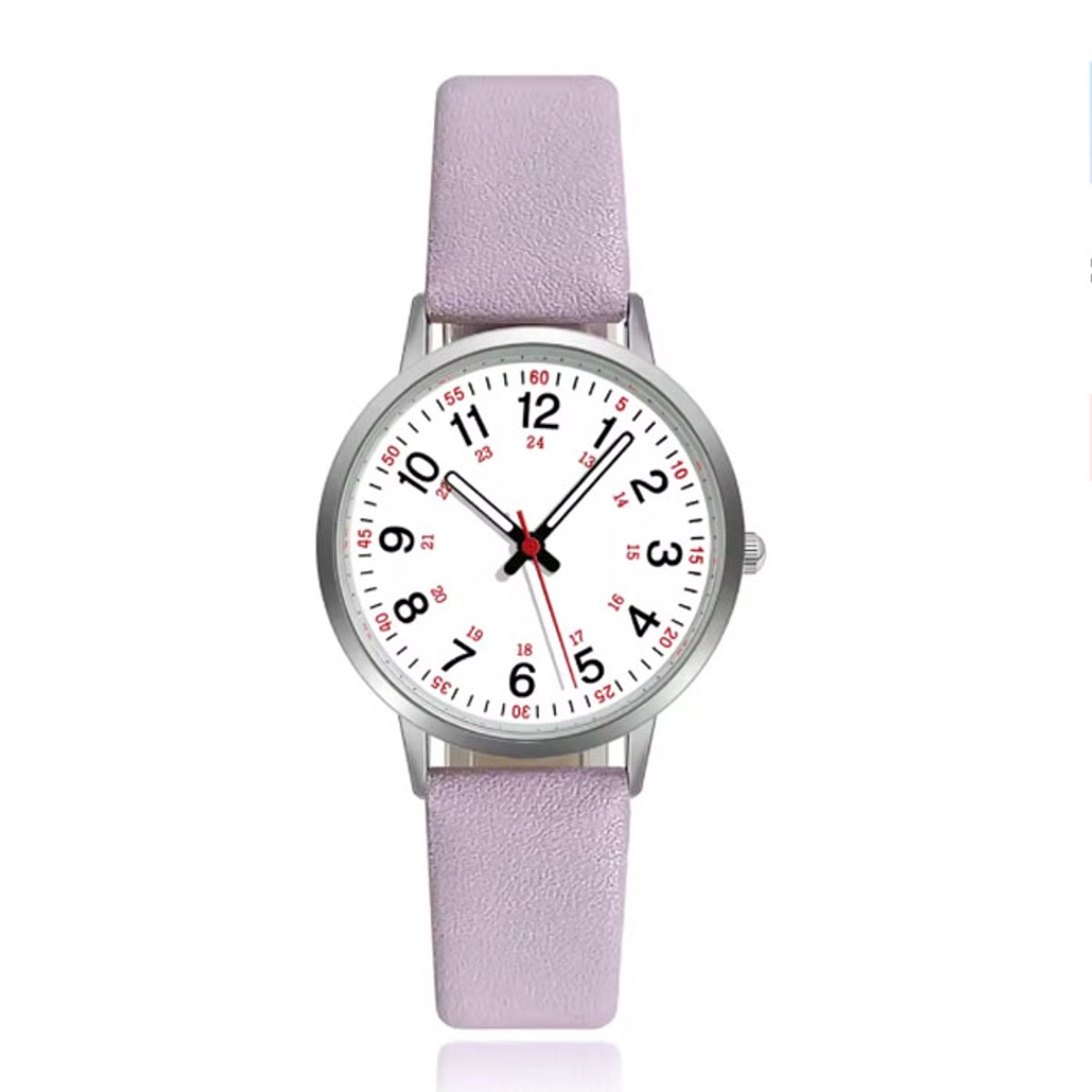 Stijlvol dameshorloge met lila band en witte wijzerplaat