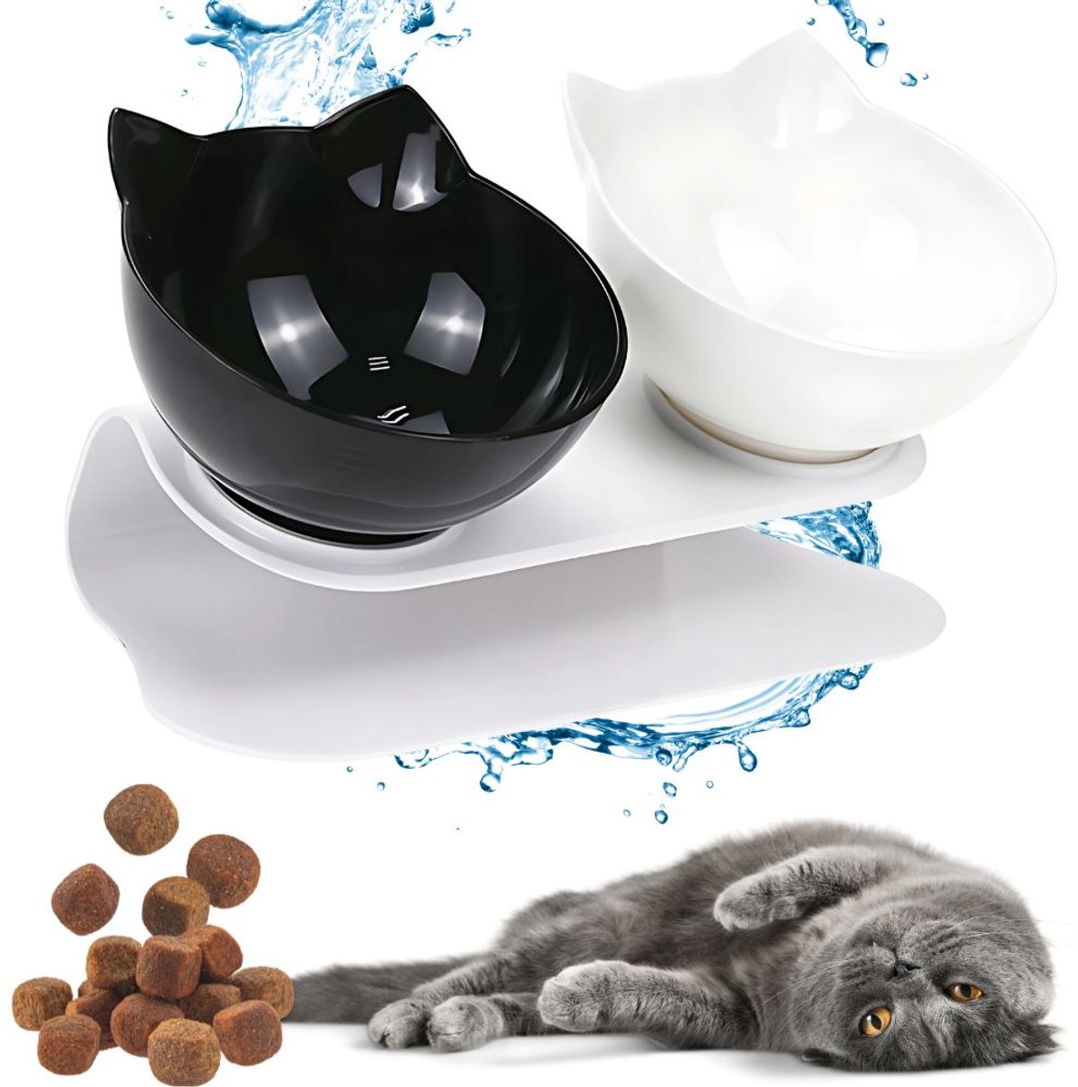 Dieren Water & Voer Set Zwart - Dubbel Voerbak - MONOO Dubbele Voerbak Voor Huisdieren - Eetbak - Katten/Honden - Katten Voerbakjes - Voor Katten en Honden Dierenvoeding