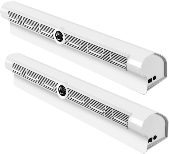 Twee witte radiatorventilatoren met display en ventilatieopeningen, staand op een witte achtergrond.