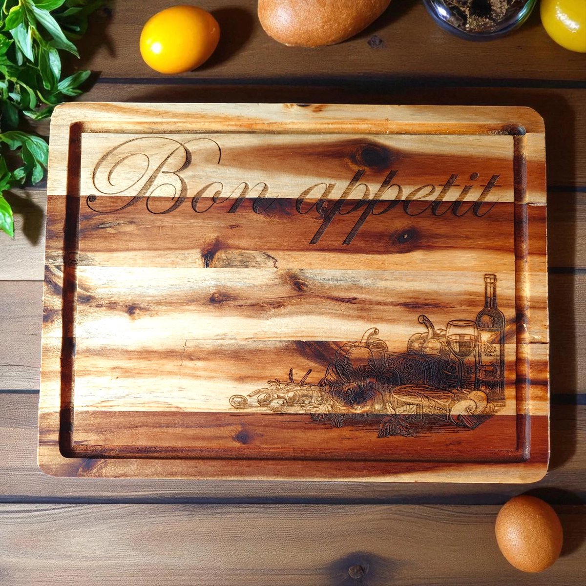 Baardmans Creaties - Luxe plantaardig geoliede acacia houten plank groot met saprand ‘Bon appetit”