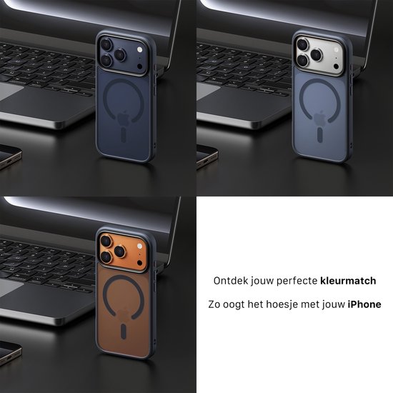 Collage van donkerblauwe, blauwe en bruine iPhone hoesjes met MagSafe-logo, op een laptop.