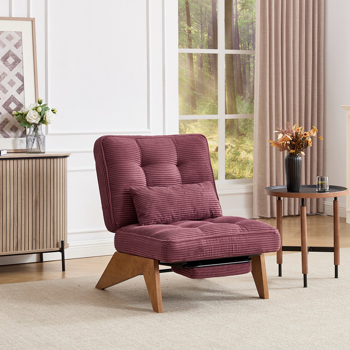 BLACKCOLORS - Moderne verstelbare loungestoel - zonder rugleuning - van stof - met voetensteun - met lendenkussen - met houten poten - voor de woonkamer - voor de slaapkamer - voor het kantoor