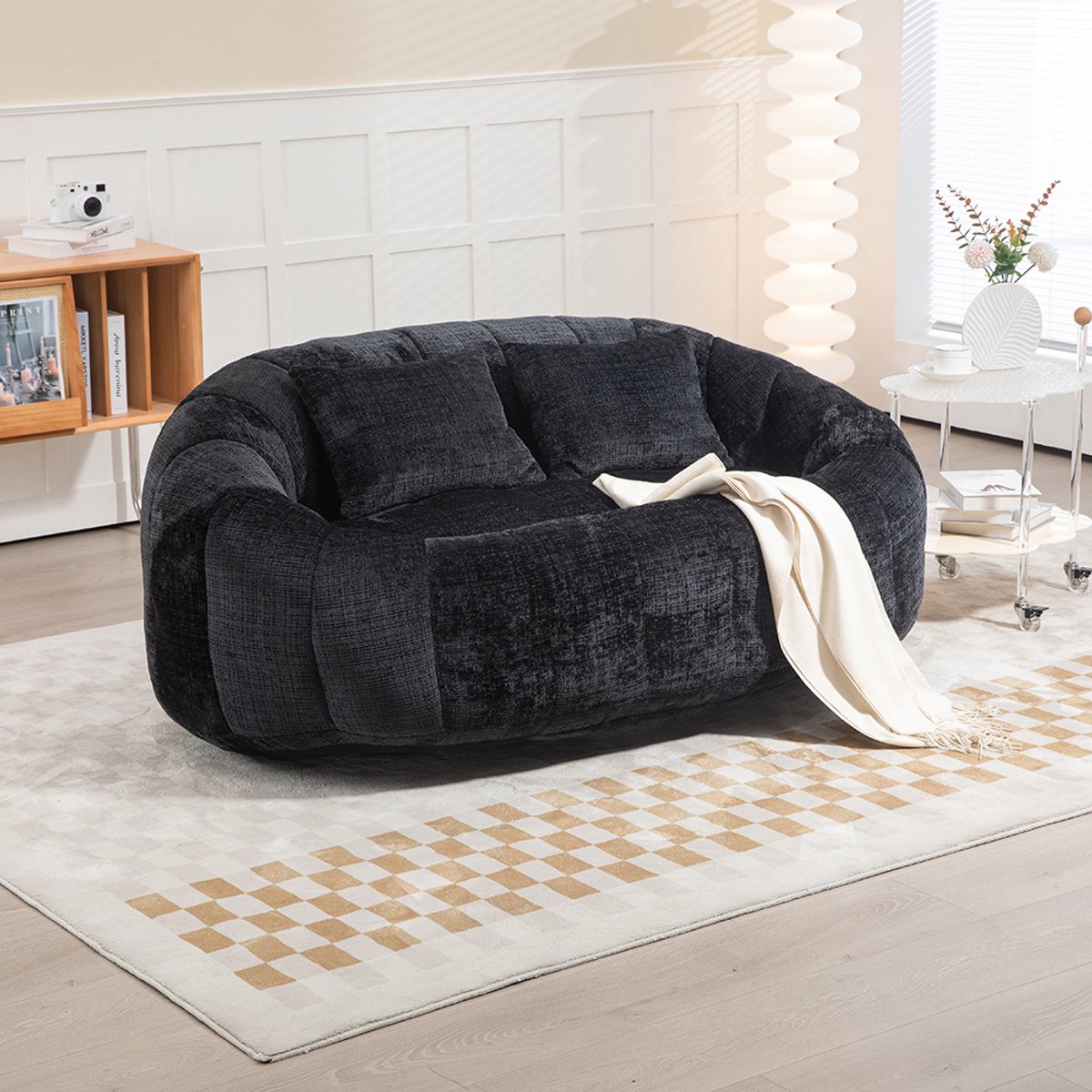 BLACKCOLORS - Zitzakbank - Luie bank - Comfortabele en duurzame chaise longue - Zitzak met hoge rugleuning - Bank voor volwassenen en kinderen - binnen en buiten - zachte loungefuteuil - (zwarte chenille)