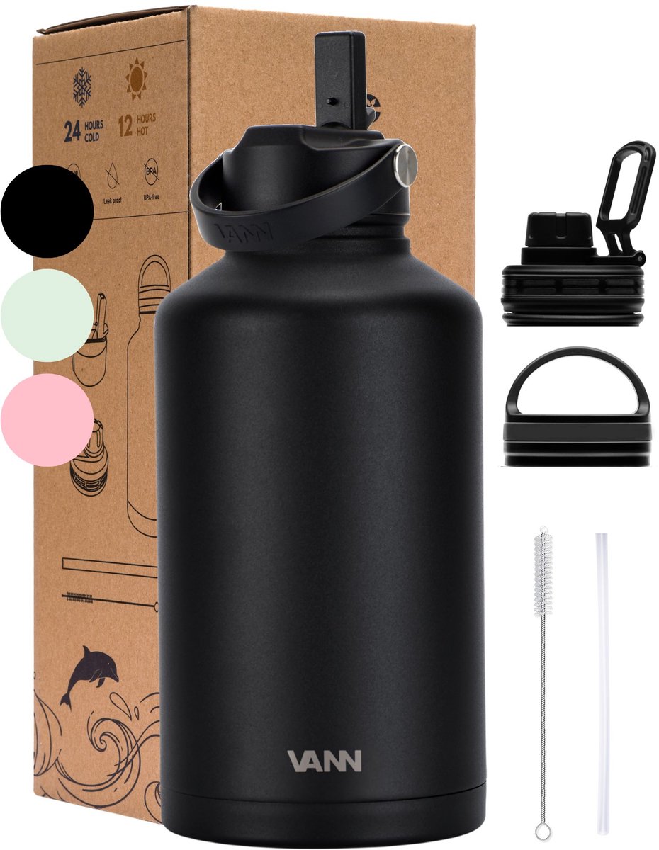 Drinkfles 2 liter met rietje waterjug volwassenen - Complete Set - RVS 2L - 24uur koud/12 uur warm - Zwart