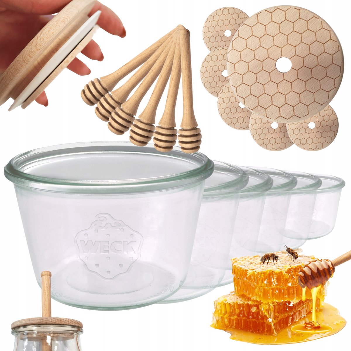 Weck Honingpotten 370ml met Lepel & FSC Houten Deksel - Set van 6