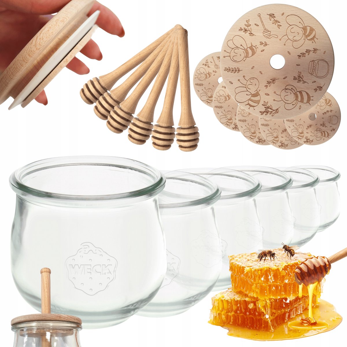 WECK Honingpotten met Lepel & Deksel - 580ml - Set van 6