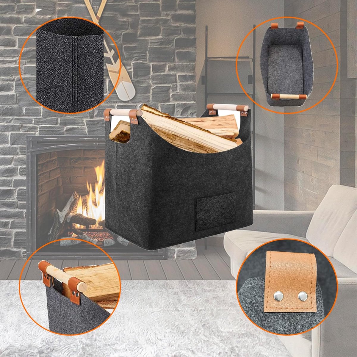 Houtmand Voor Haardhout - 40*22*27cm - Mand Voor Brandhout - Brandhoutmand - Opslag Binnen - Haardhout Mand - Opbergtas - Keuken Organiser - Opbergtassen - Opvouwbare Vilten Mand - Opbergmand - Voor het vervoer van hout, kranten, speelgoed, winkelen — cadeau in Wonen & Interieur - foto 7