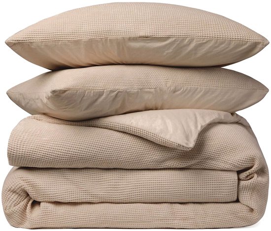 Housse de couette gaufrée – LitaLente Sable – 100 % Katoen – Luxe et respirante – Comprend 2 Taies d'oreiller 60 x 70 cm – Qualité hôtelière – Indéformable et résistante – Convient aux Dekbed de 260 x 220 cm