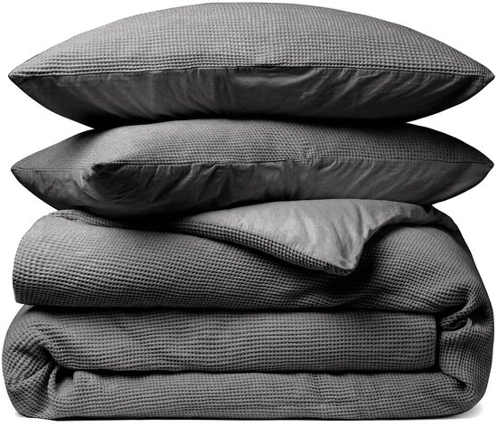 Housse de couette gaufrée – LitaLente Anthracite – 100 % Katoen – Luxe et respirante – Comprend 2 Taies d'oreiller 60 x 70 cm – Qualité hôtelière – Infroissable et résistante – Convient aux Dekbed de 260 x 220 cm