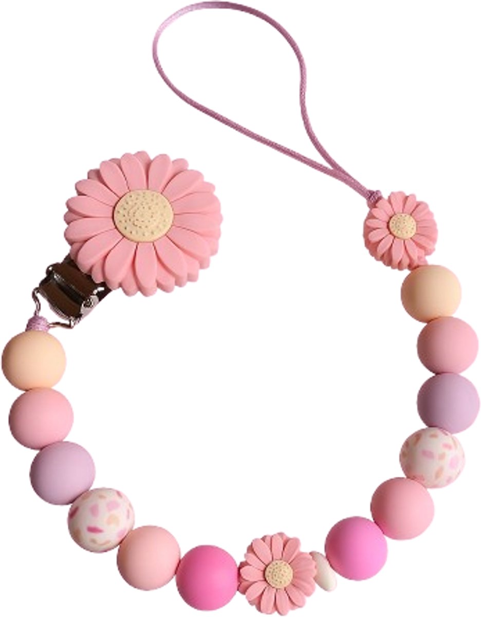 Siliconen fopspeenketting met roze bloem.