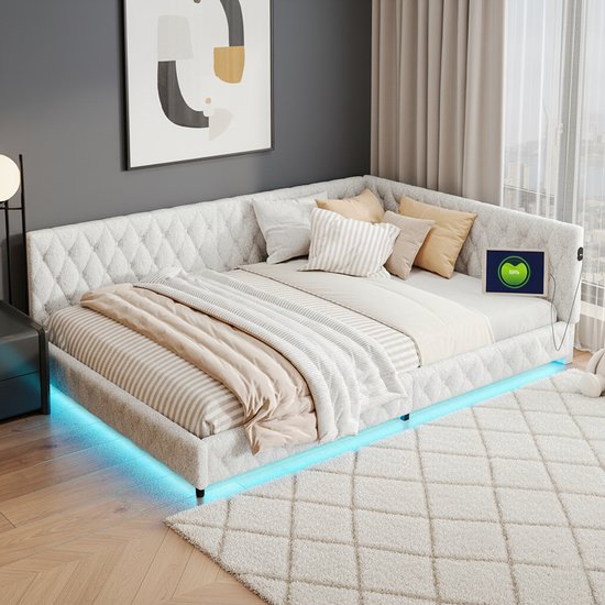Slaapbanken 140x200 cm, woonkamer slaapbank, slaapkamer Zacht Tas bed, met vlak noedelframe, slimme LED-verlichting, Metalen voeten, USB Type-C-aansluiting, beig