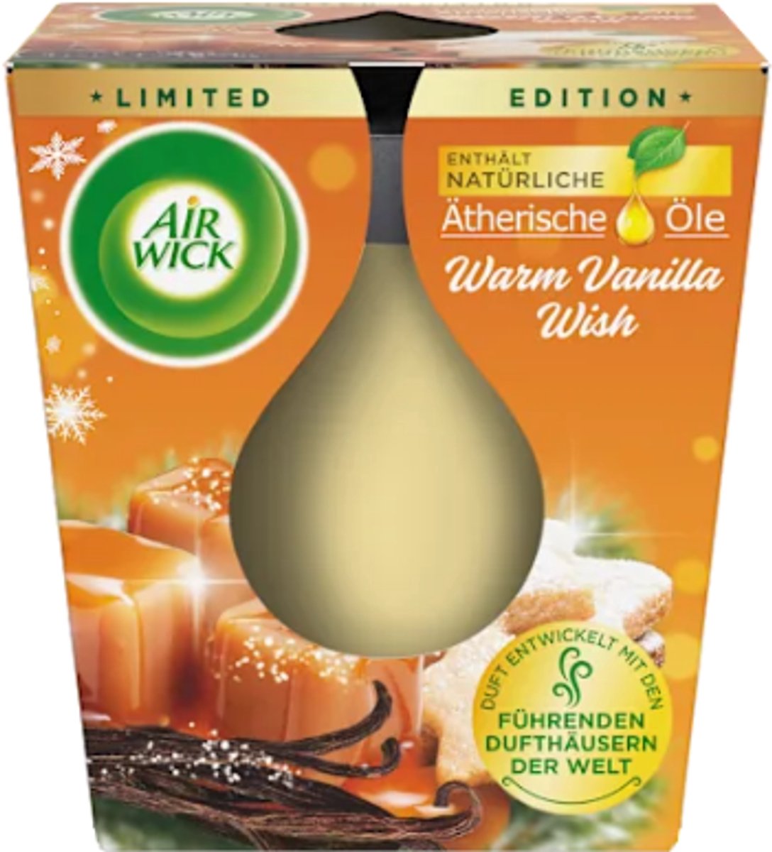 Winter Geurkaars in Glas Vanilla Wish - AirWick | 1x 105g - Kerstgeur - Vanille & Karamel | Limited Edition - Brandduur: ca. 20 uur