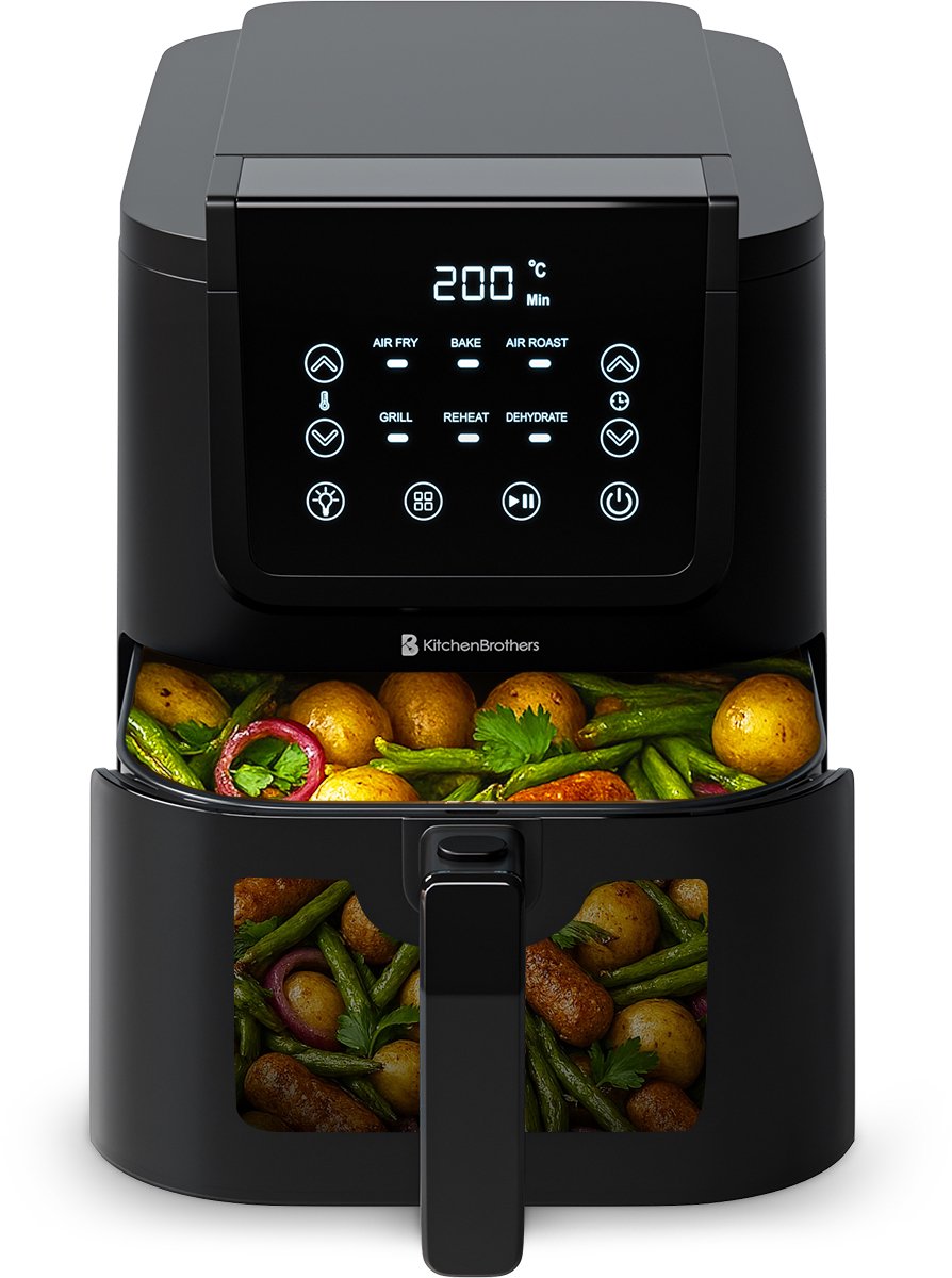 KitchenBrothers Airfryer XL - 5L - 1500W - Heteluchtfriteuse - 60ÂşC tot 200ÂşC - Small design - Extra stil - 6 Kookprogramma's - Zwart