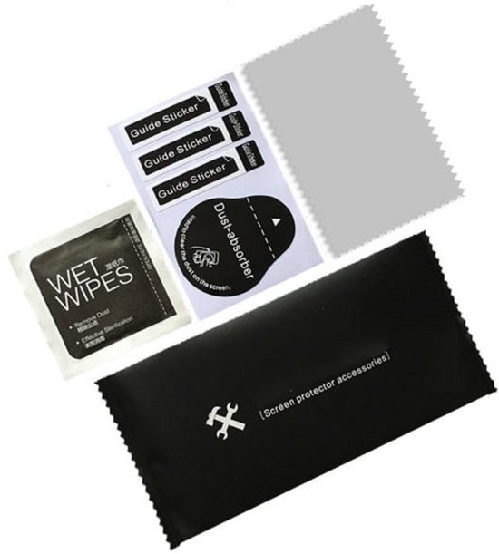 Accessoires pour protecteur d'écran : lingette humide, dissolvant de poussière, autocollants guide, chiffon en microfibre et une pochette de rangement noire.