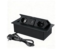 Stekkerdoos - stekkerdoos met usb - Inbouwbare USB Stopcontact - Verborgen pop-up stopcontactdoos voor op tafel, bureau-stopcontact met 2 stopcontacten en 2 USB-oplaadpoorten - 1.5 meter kabe - voor aanrecht in vergaderruimte - stekkerdoos zwart