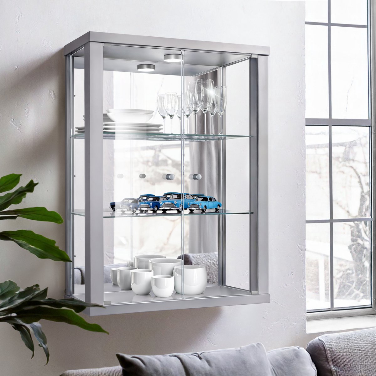 K-Möbel Vitrinekast hangend met 2 deuren, 2 in hoogte verstelbare glasplanken & spiegel - Vitrinekast met led verlichting - 80x60x25 cm - Zilverkleurig