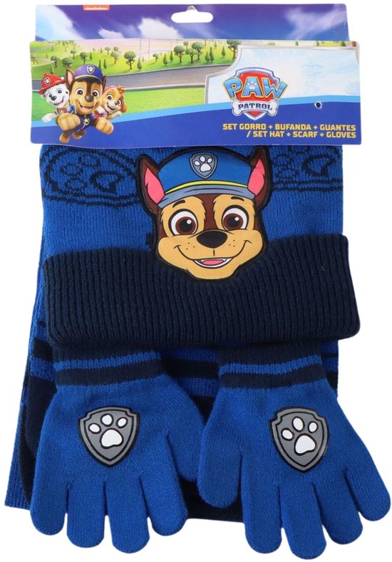 Een blauwe Paw Patrol winterset met muts, sjaal en handschoenen.