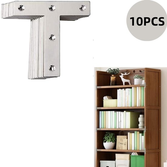 Lot de 10 équerres plates en T - Équerre de fixation - Plaque de réparation pour équerre - Plaque de raccordement - Résistantes à la rouille - Solides et durables - Argent - 80 mm x 80 mm - Conviennent aux meubles en bois, armoires et bureaux.