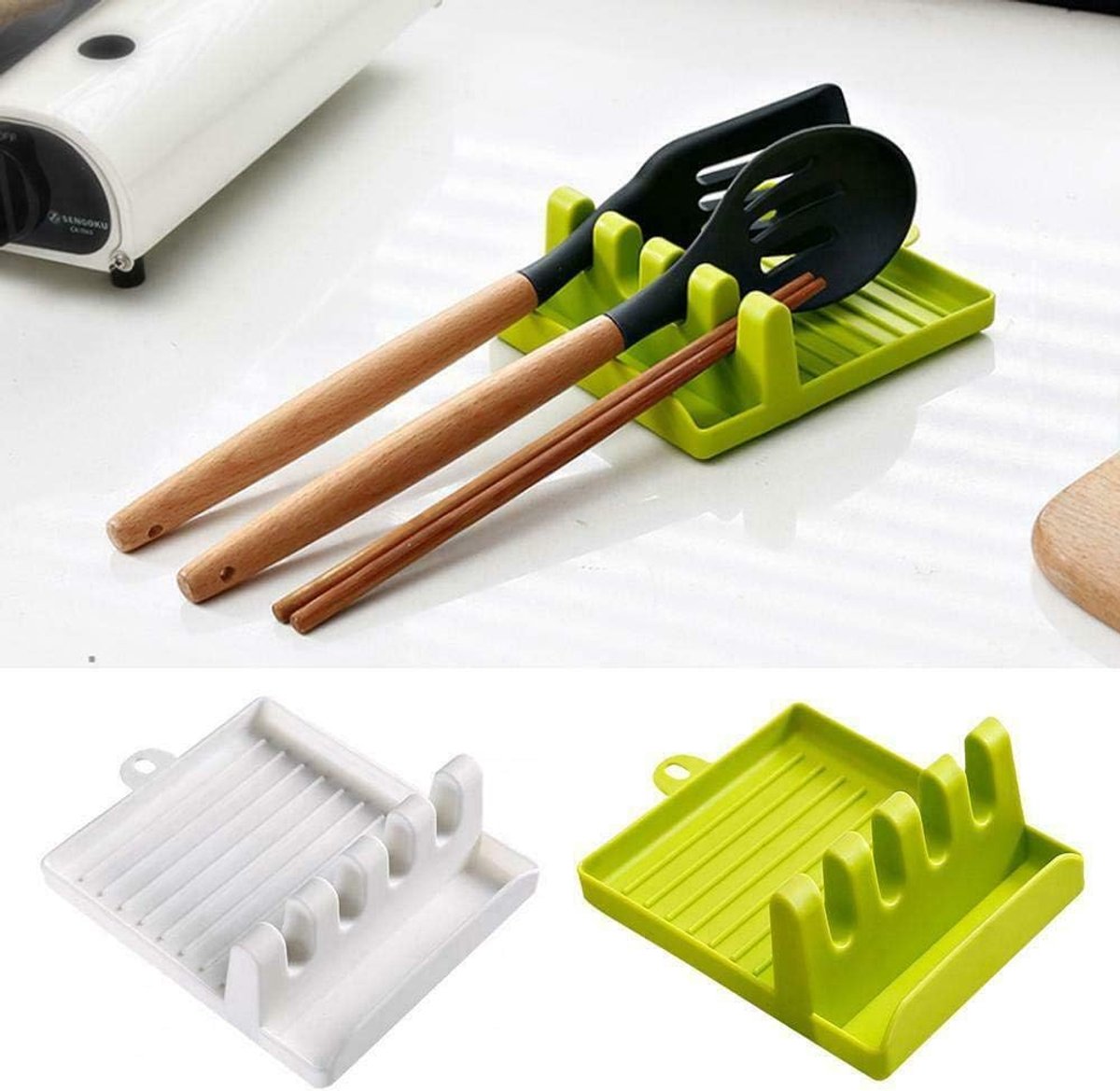 longziming -2 Stuks Lepelhouder met Hangend Ontwerp – Multifunctionele Kooklepelhouder voor op het Fornuis – Handige Spatelhouder voor Keuken, Anti-Druip Ontwerp, Makkelijk Schoon te Maken (Wit & Groen)