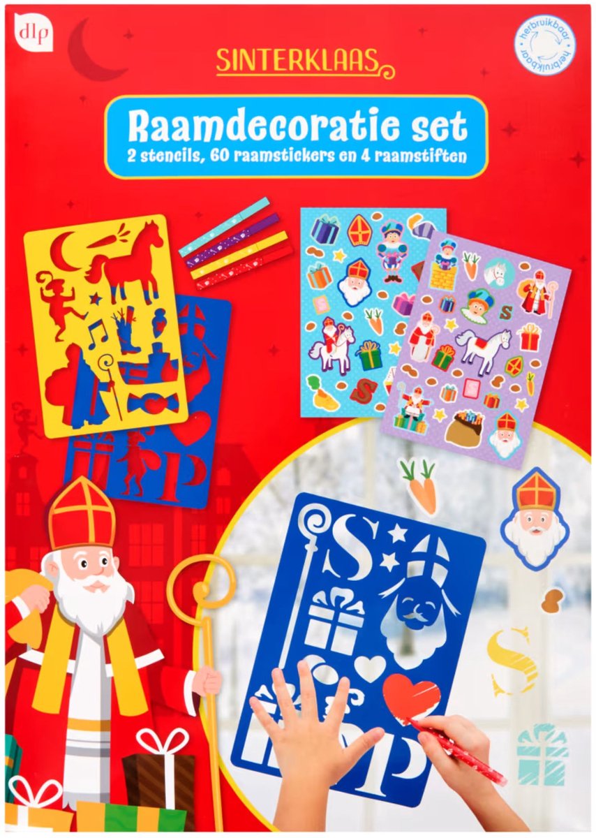 Sinterklaas Raamdecoratie Set – 60 Raamstickers + 4 Raamstiften + 3 Stencils – Herbruikbare Sint Versiering – 5+