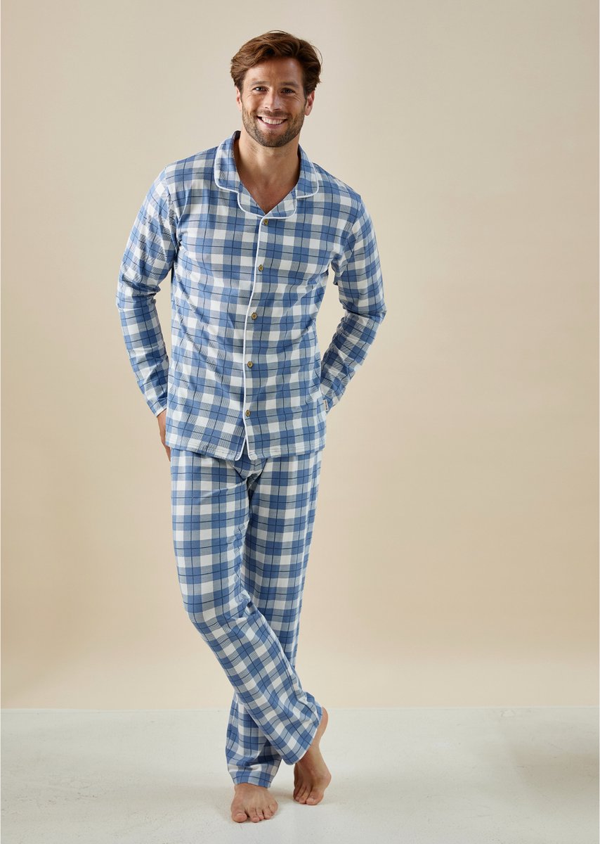 Little Label - jules klassieke pyjama heren - grote ruit lichtblauw XL/52 - extra zachte bio-katoen