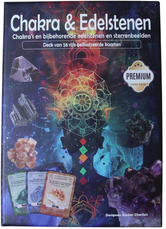 Doos van het 'Chakra & Edelstenen' kaartendeck met afbeeldingen van edelstenen, chakrasymbolen en een mandala.