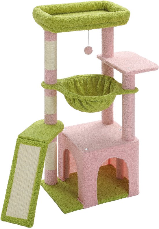 Roze krabpaal met groene hangmat en platform.