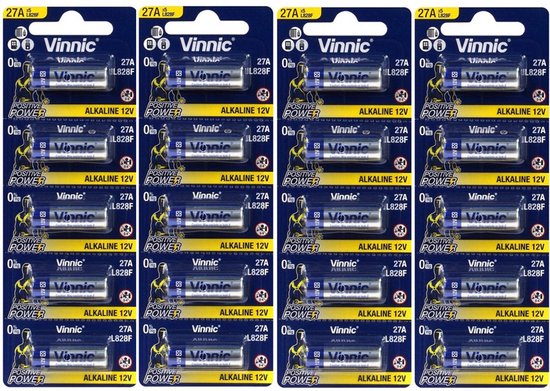 Verpakking met twintig Vinnic 27A Alkaline 12V batterijen, elk met rode en gele details.