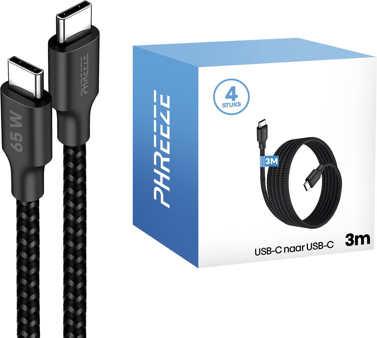Sterke usb C kabels 3 meter - Stevig nylon - 65w fast charge - 4 pack - Zwart - Phreeze
