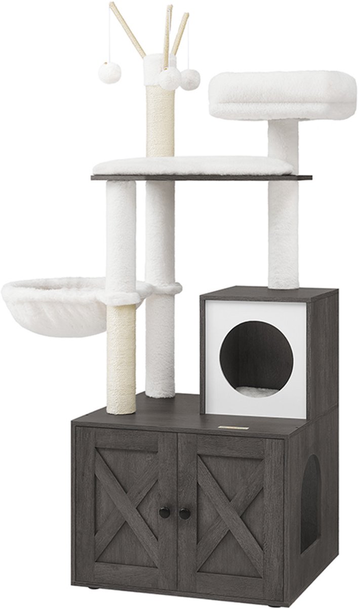 Kattenboom met Kattenbak 151 cm – Luxe 2-in-1 Krabpaal met Verborgen Kattenbak, Speelplatform & Ligplekken – Stabiel, Compact & Comfortabel Kattenmeubel in Mistgrijs – Industrialhome