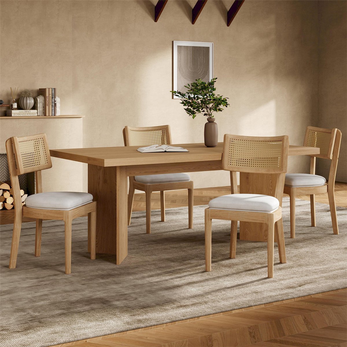 YEHTOKHOME Set van 4 Eetkamerstoelen - Gestoffeerde Keukenstoelen met massief hout poten - Rotan rugleuningen - Fluweel zitting - Ergonomische eettafelstoelen - Moderne stijl - Houtkleur