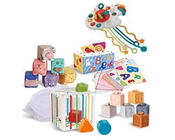 foto van Educatief Baby Speelgoed 6 Maanden - speelgoed 1 jaar - XXL box - 6-in-1 box - Montessori Educatief Speelgoed - 33 psc - Zachte Blokken - Vormen Sorteer Kubus - Trekkoord Speeltje - Educatieve Doekjes - Tissue box - inclusief Opbergtas