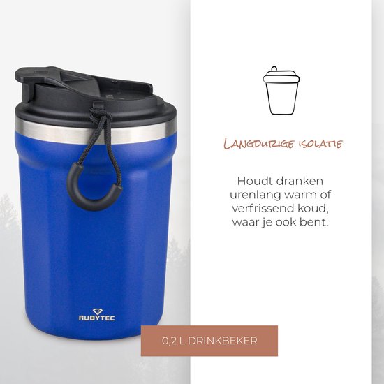 Blauwe, compacte Rubytec drinkbeker met zwart deksel, 0.2L.