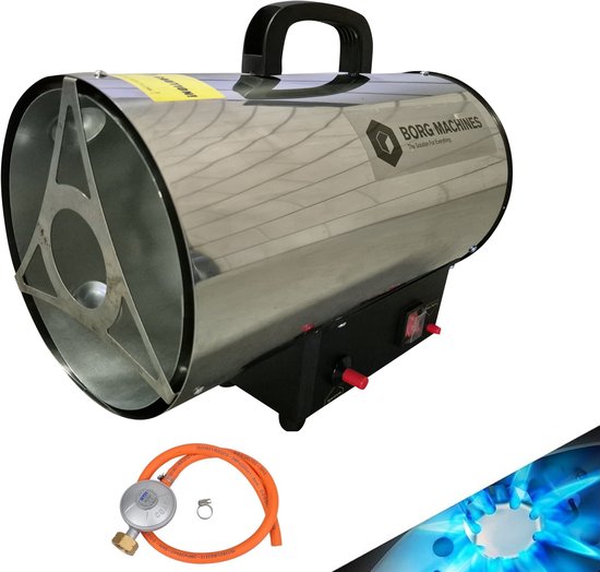 Zilverkleurig Borg machines heteluchtkanon met zwarte voet, rode schakelaar en oranje slang met drukregelaar.