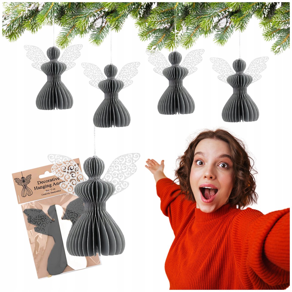 Papieren Kerstengel Grijs 12cm - Decoratie voor Kerstboom