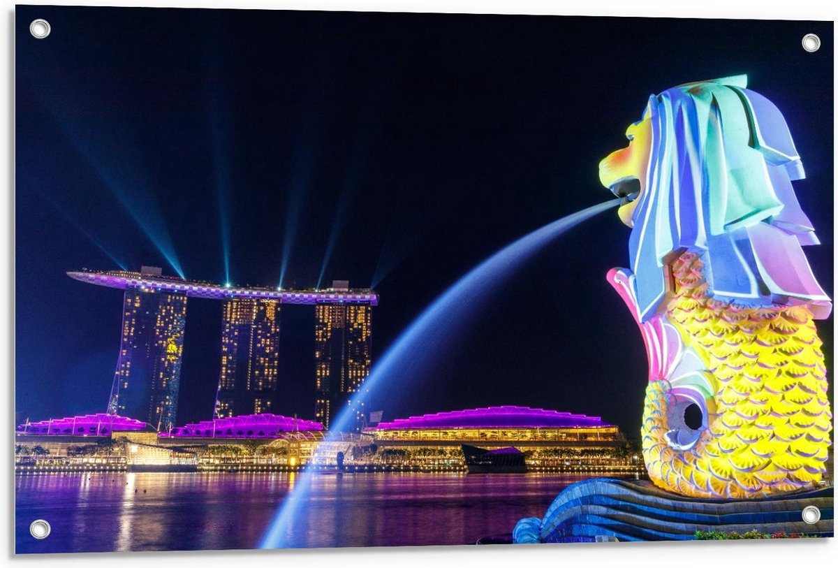 Tuinposter – Fontein in Merlion Park, Singapore - 90x60cm Foto op Tuinposter (wanddecorati