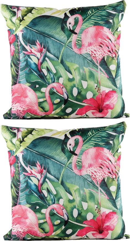 2x stuks bank/Sier kussens voor binnen en buiten met flamingo/bloemenprint 45...