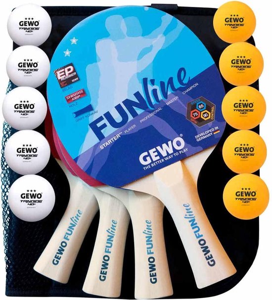 Gewo Tafeltennis Set Fun-Time - 4 Bats + 10 Ping Pong ballen + Hoes