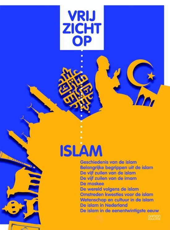Blauw en geel ontwerp met "VRIJ ZICHT OP ISLAM" en een lijst van onderwerpen.